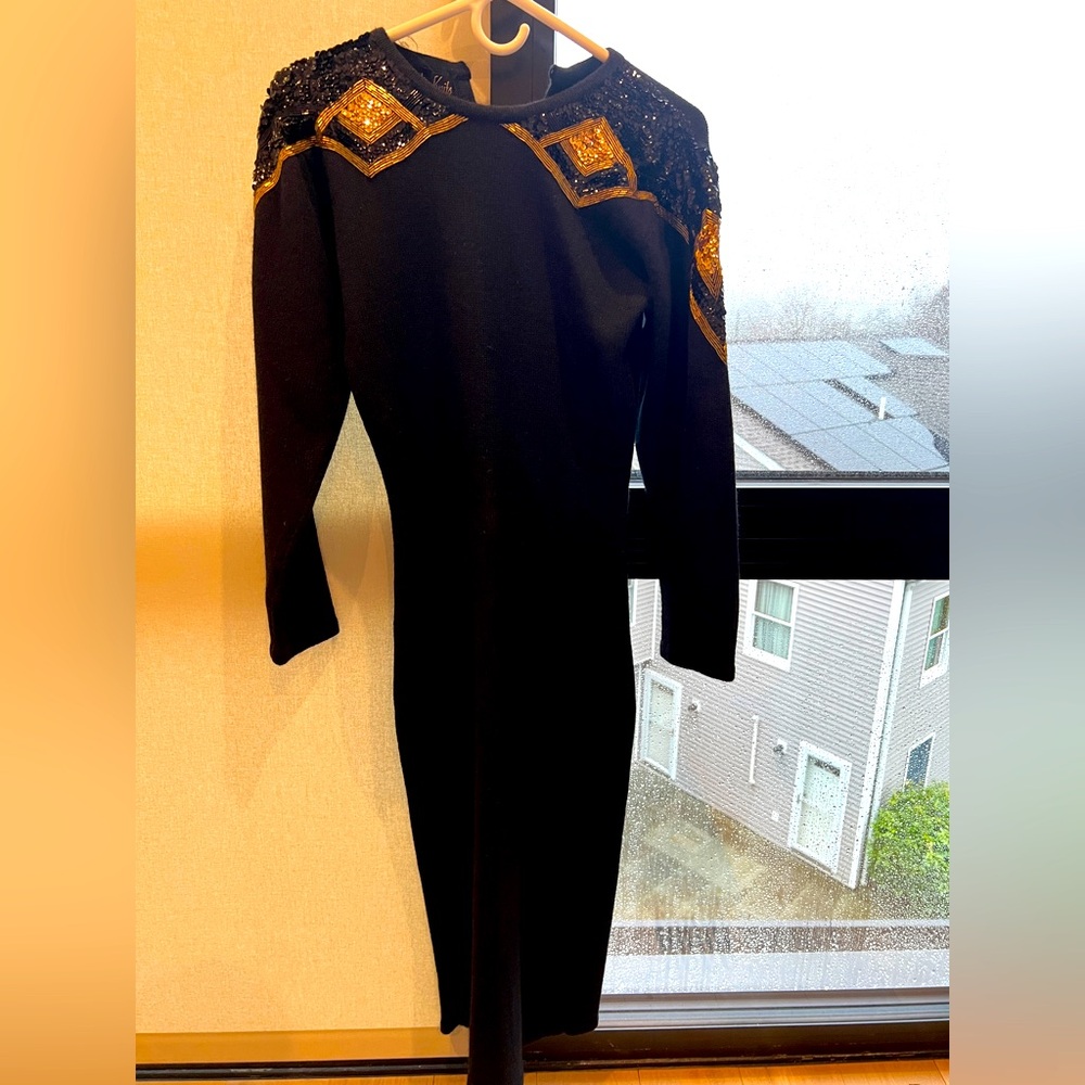 80s Vintage Leslie Knits Silk Long Black and Gold Evening Dress Sequins Size S